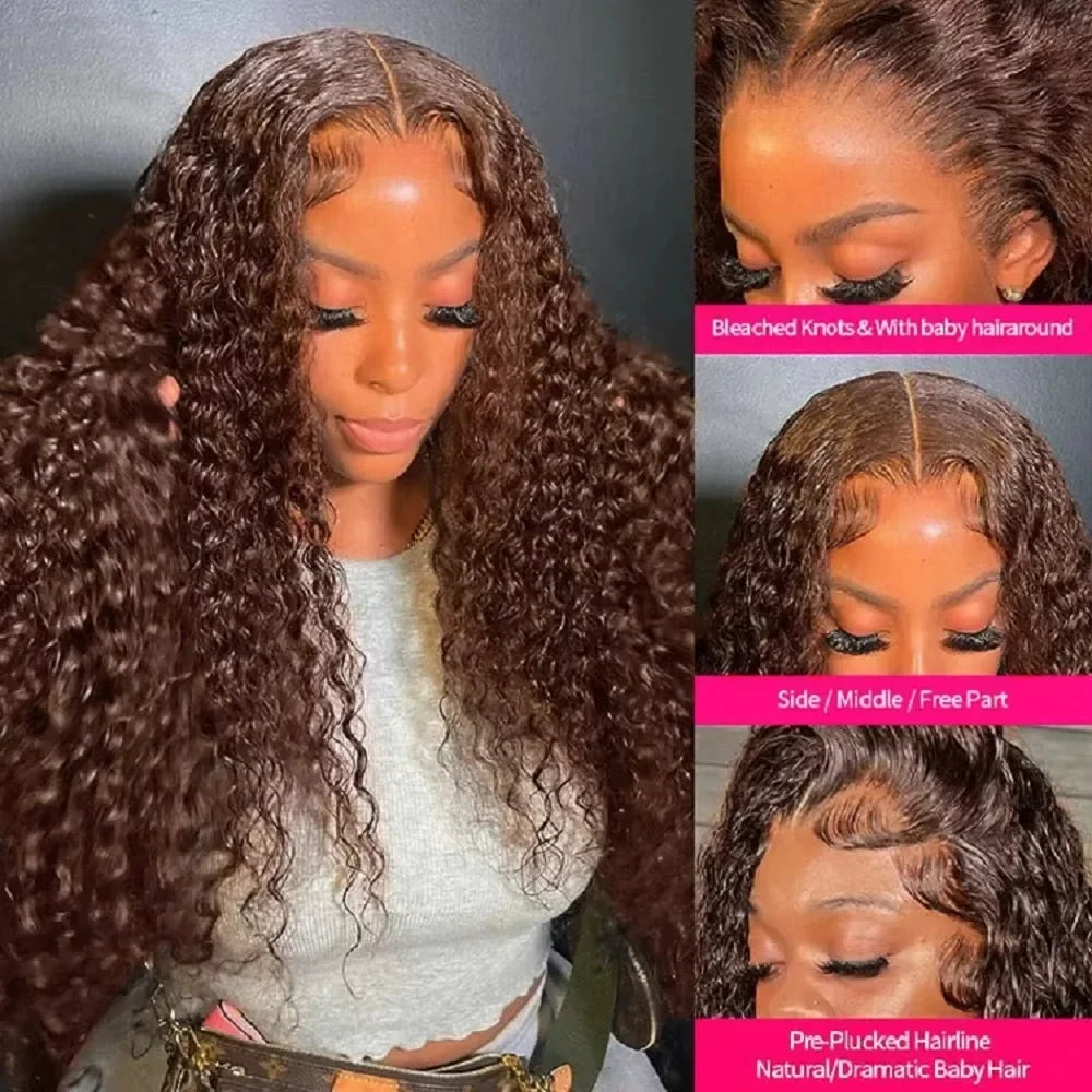Chocolate Brown Human Hair Wig Colored Curly Human Hair Wig 30 32 Inch 13x4 Deep Wave Lace Front Wig 13x6 HD Lace Frontal Wig