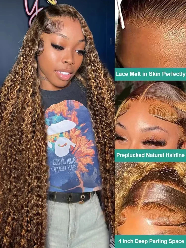 250% Highlight Deep Wave 13x6 Hd Lace Frontal Wig Human Hair Pre Plucked 30 40 Inch Brown Ombre Curly Water Wave human hair wigs