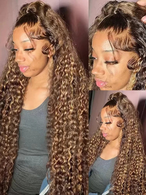250% Highlight Deep Wave 13x6 Hd Lace Frontal Wig Human Hair Pre Plucked 30 40 Inch Brown Ombre Curly Water Wave human hair wigs