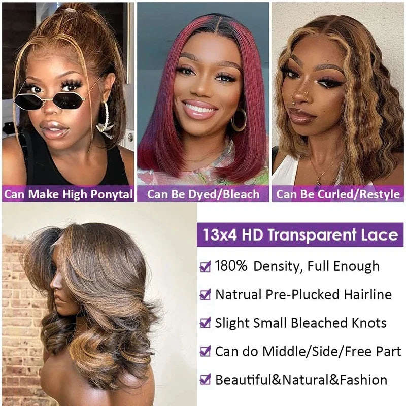 4/27 Highlight 13*4 Body Wave Glueless Closure100% Human Hair Frontal Wigs Ombre Brown Mix Blonde Water Wave Short Bob Wig