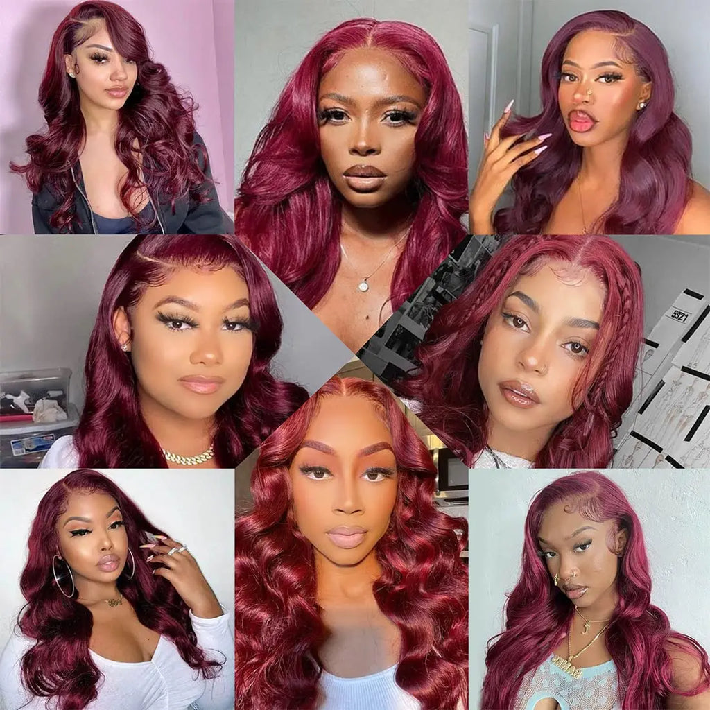 250% Density 99j Human Hair Wig 34 Inch Burgundy 13x4 HD Lace Frontal Body Wave Human Hair Wigs 100% Brazilian Human Hair