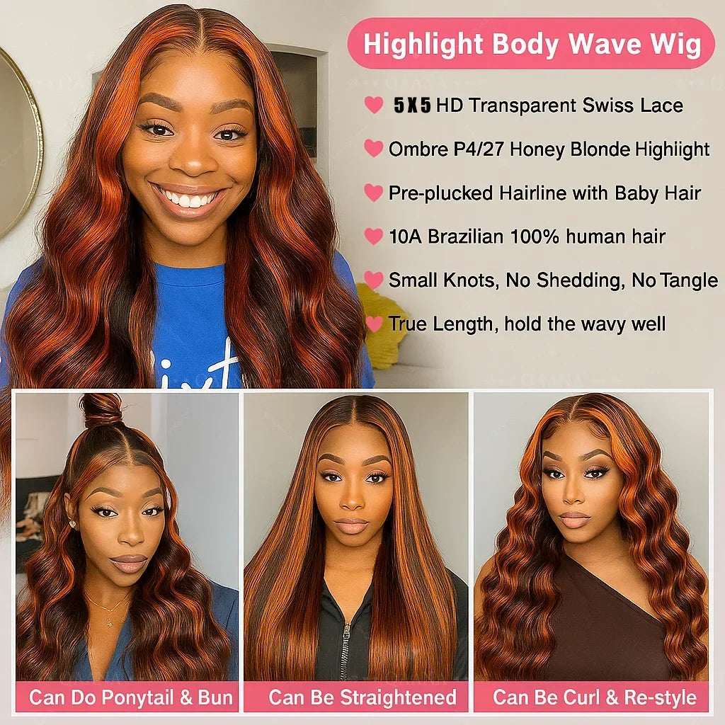 200% Density Ginger Brown Highlight Wig Human Hair Body Wave Lace Front Wigs Pre Plucked Ombre P1B/4 Ginger Orange Colored Wigs