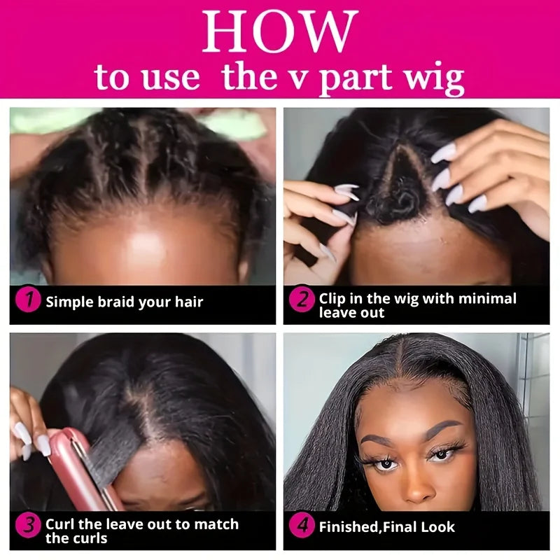 Kinky Straight V Part Wig Glueless Human Hair Wig for Women Natural Black Color No Leave Out Yaki Straight Hair Wig 250% Density