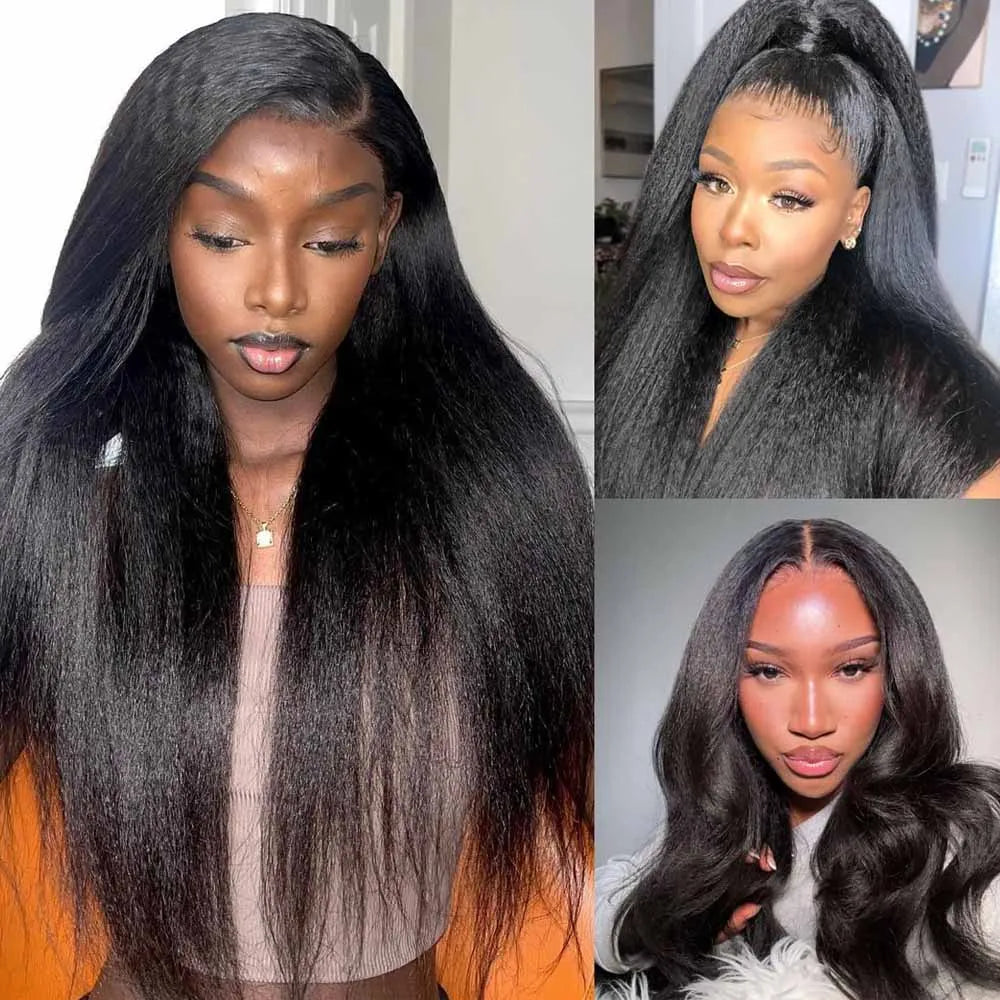 13x4 Kinky Straight Lace Front Human Hair Wig With Kinky Edges Baby Hair Glueless Yaki Straight HD Lace Frontal Wig 250% Denisty