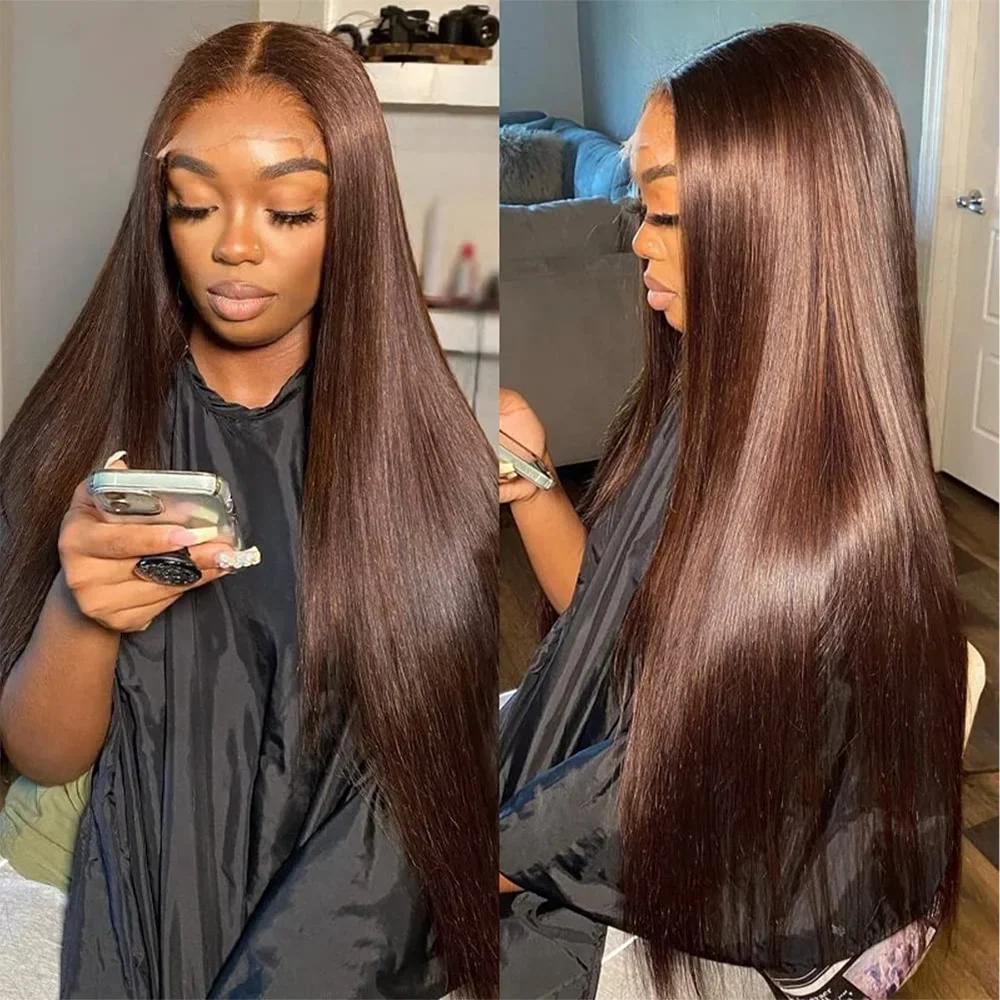 13x4 HD Chocolate Brown Bone Straight Lace Front Wig 34Inch Lace Frontal Wig Human Hair PrePlucked #4 Color Human Hair Wigs