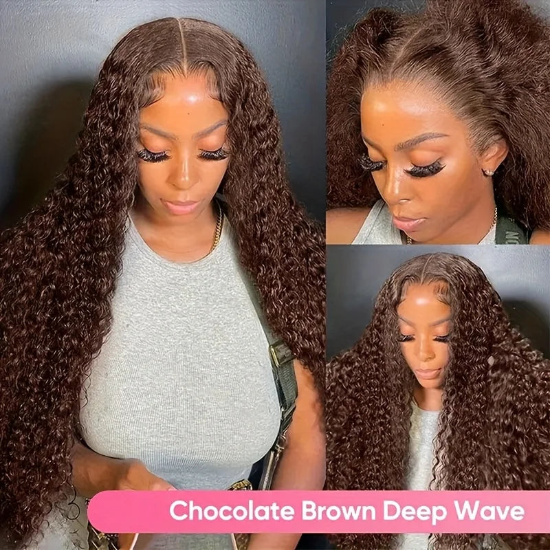 Chocolate Brown Curly Wave 13x6 Hd Lace Human Hair Wig 30 38 Inch Water Wave Human Hair Wig 13x4 Frontal Wig Hd Lace #4 Colour