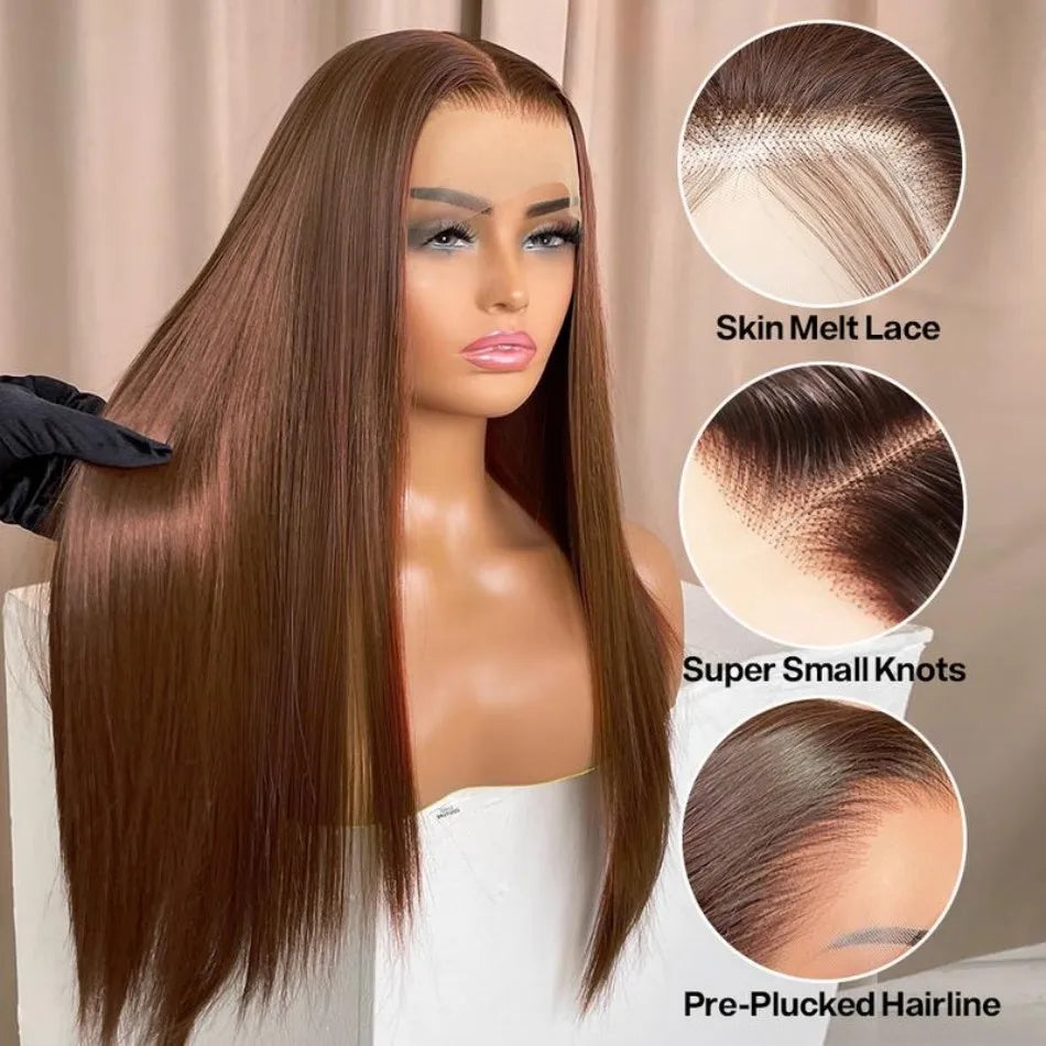 Chocolate Brown 13X6 Straight Human Hair Wigs 13X4 Hd Lace Frontal Wig 250 Density Colored Pre Plucked Brazilian Lace Front Wig