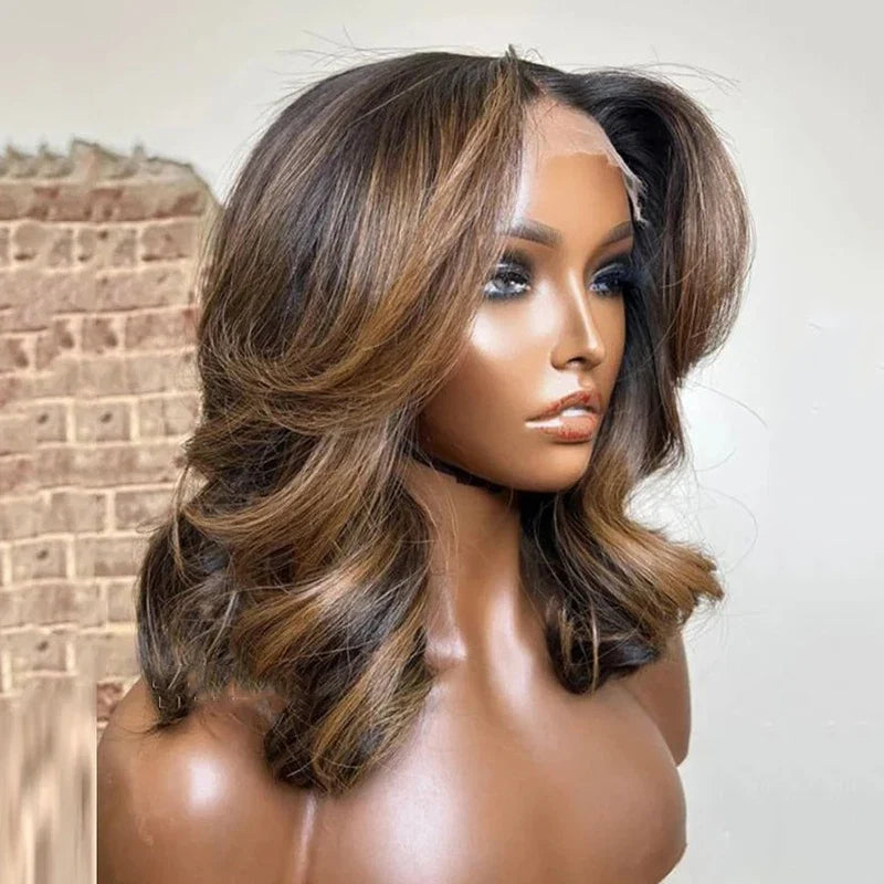 4/27 Highlight 13*4 Body Wave Glueless Closure100% Human Hair Frontal Wigs Ombre Brown Mix Blonde Water Wave Short Bob Wig