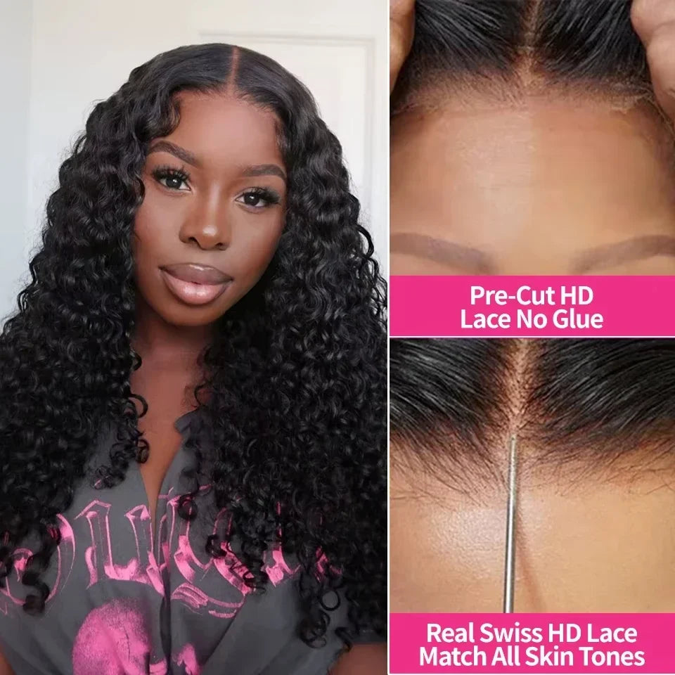 Curly 4x4 5x5 Glueless Lace Front Wig 220 Density Natural Color Deep Wave Pre Cut Brazilian HD Lace wigs Water Wave Human Hair