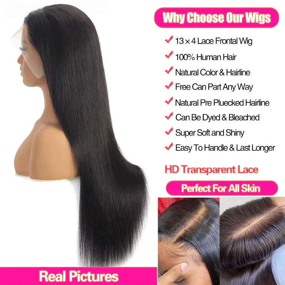 30 40 Inch 13x4 HD Transparent Bone Straight Lace Front Wig 200 Density Brazilian 13x6 Lace Frontal Wigs Human Hair For Women
