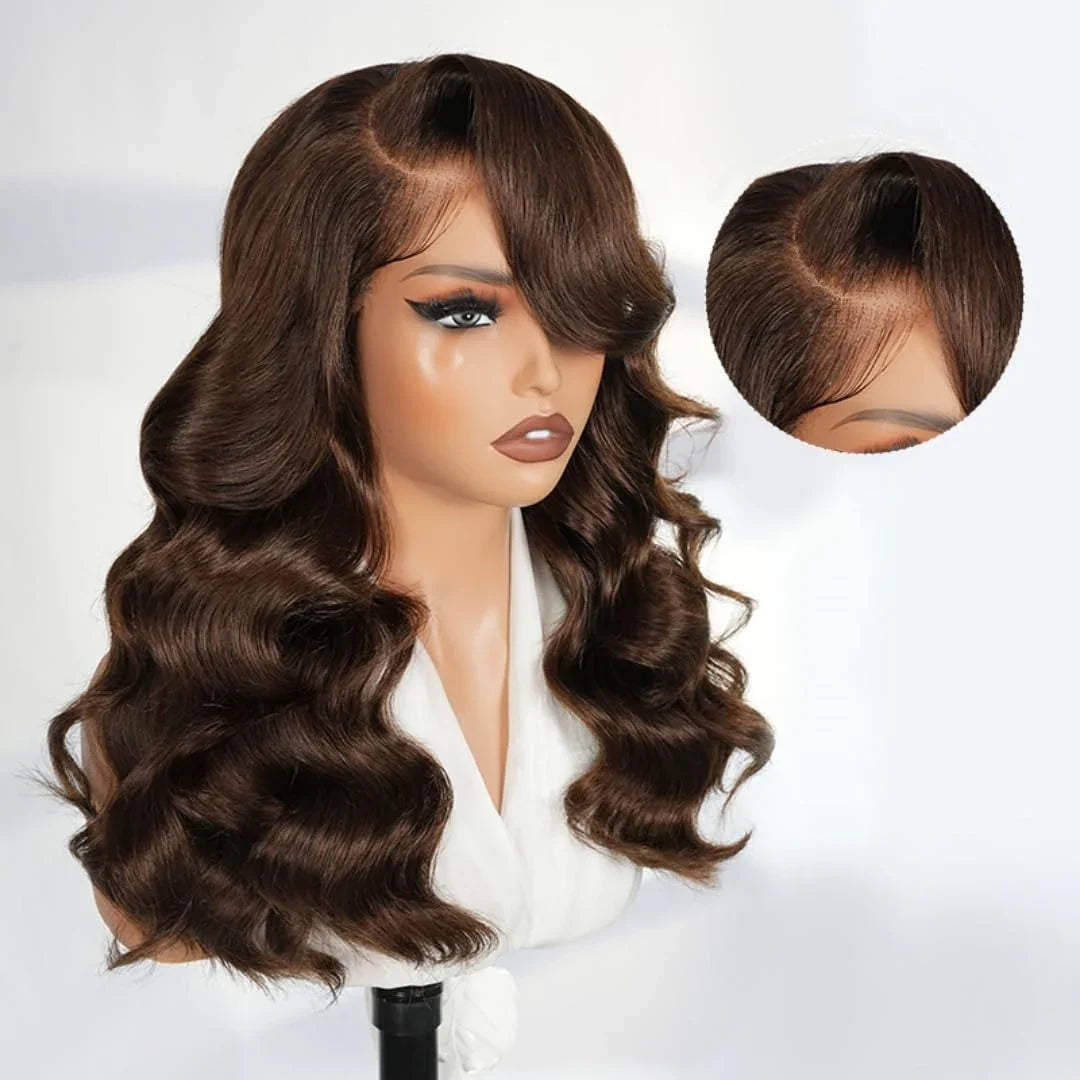 200 Density Chocolate Brown Human Hair Wig Body 13x4 Closure Transparent Lace Wig Layered Side Part Human Hair  Pre Plucked Pre