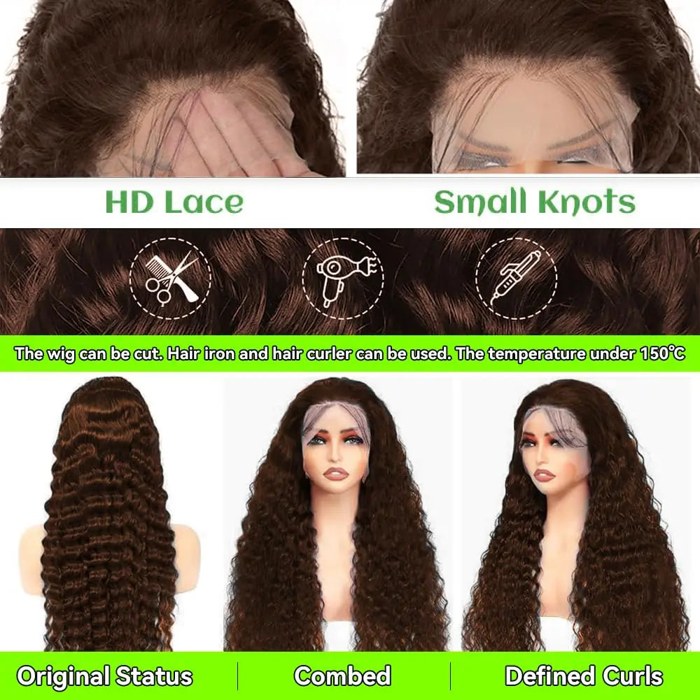 Chocolate Brown HD Lace Front Wigs Human Hair 200% Density Curly Lace Front Wigs Human Hair Deep Wave Wigs Human Hair For Women