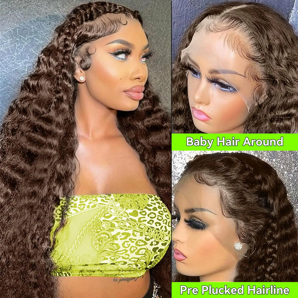 Chocolate Brown HD Lace Front Wigs Human Hair 200% Density Curly Lace Front Wigs Human Hair Deep Wave Wigs Human Hair For Women
