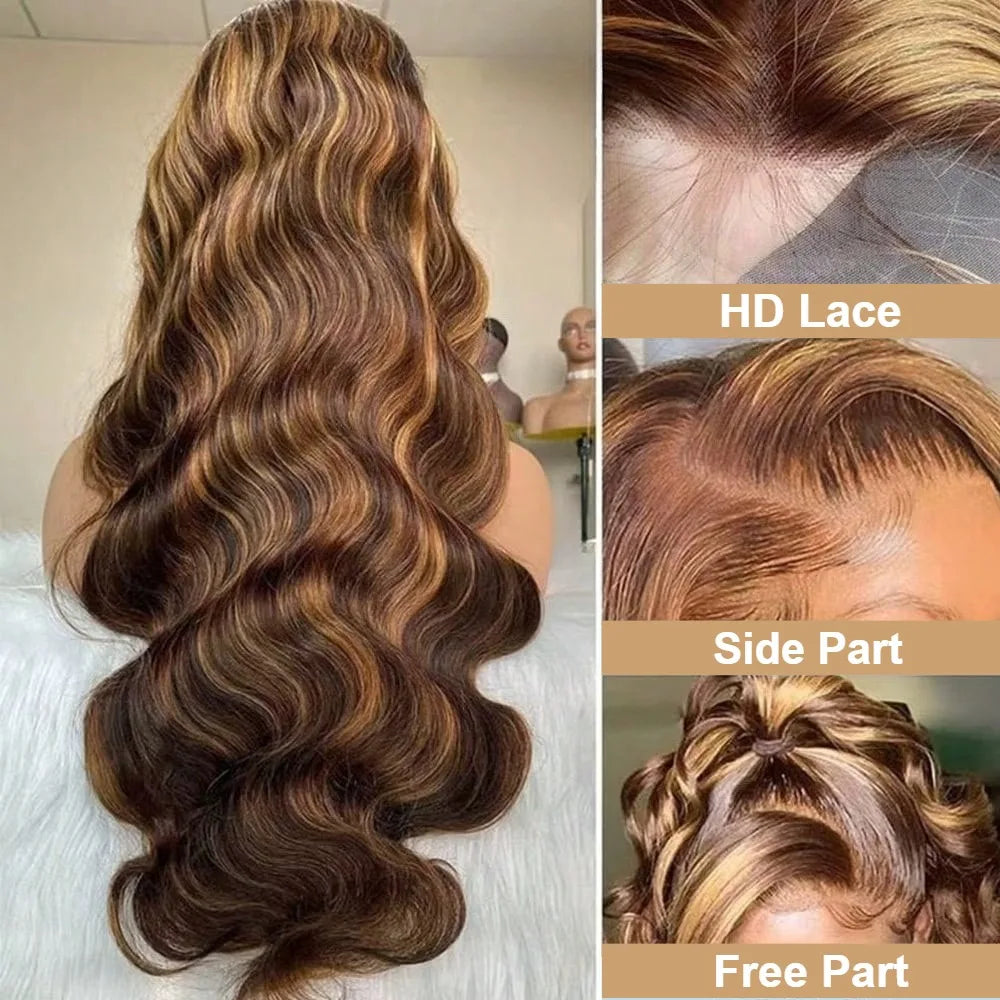 30 Inch Honey Blonde Ombre Lace Front Wig Human Hair 13x4 HD Lace Front Wig 4/27 Highlight Ombre Body Wave Lace Frontal Glueless