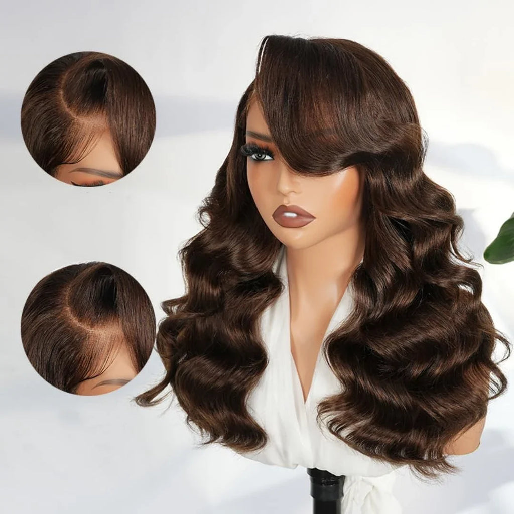 200 Density Chocolate Brown Human Hair Wig Body 13x4 Closure Transparent Lace Wig Layered Side Part Human Hair  Pre Plucked Pre