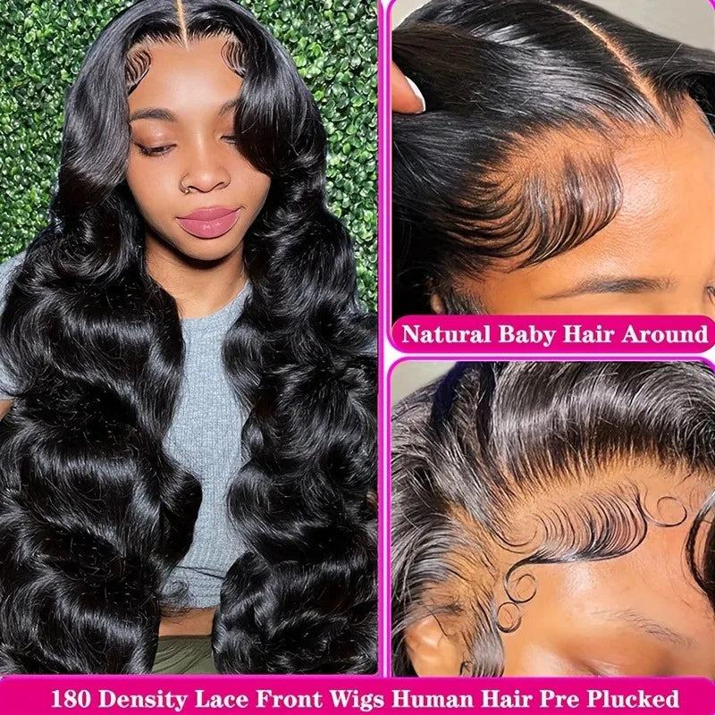 250% Density Glueless Human Hair Lace Front Wig - 13x4 Pre Plucked & Pre Cut 3D Dome Cap with Bleached Knots, Natural Black Body