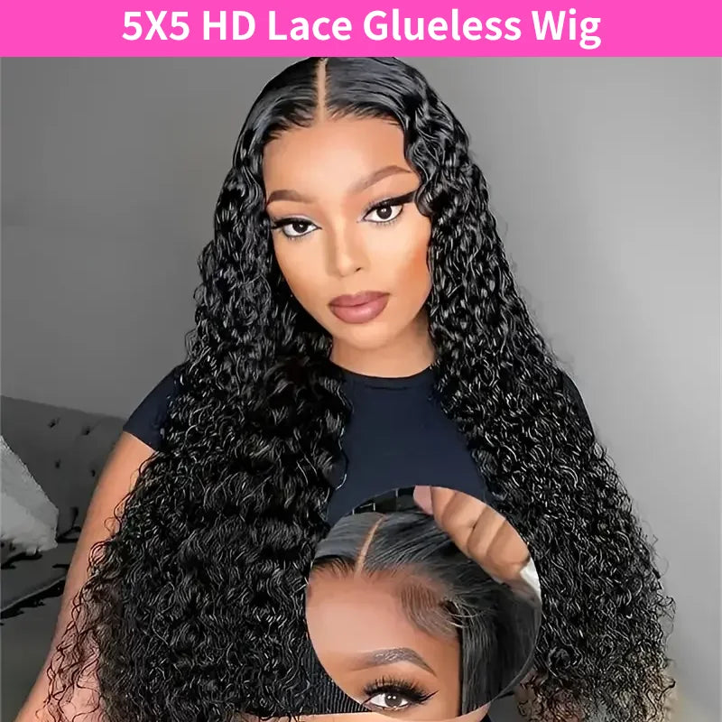 Curly 4x4 5x5 Glueless Lace Front Wig 220 Density Natural Color Deep Wave Pre Cut Brazilian HD Lace wigs Water Wave Human Hair