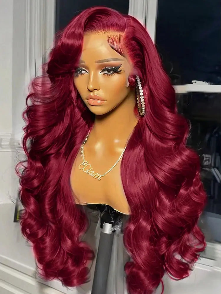 250% Density 99j Human Hair Wig 34 Inch Burgundy 13x4 HD Lace Frontal Body Wave Human Hair Wigs 100% Brazilian Human Hair