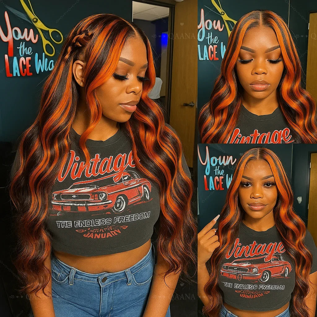 200% Density Ginger Brown Highlight Wig Human Hair Body Wave Lace Front Wigs Pre Plucked Ombre P1B/4 Ginger Orange Colored Wigs