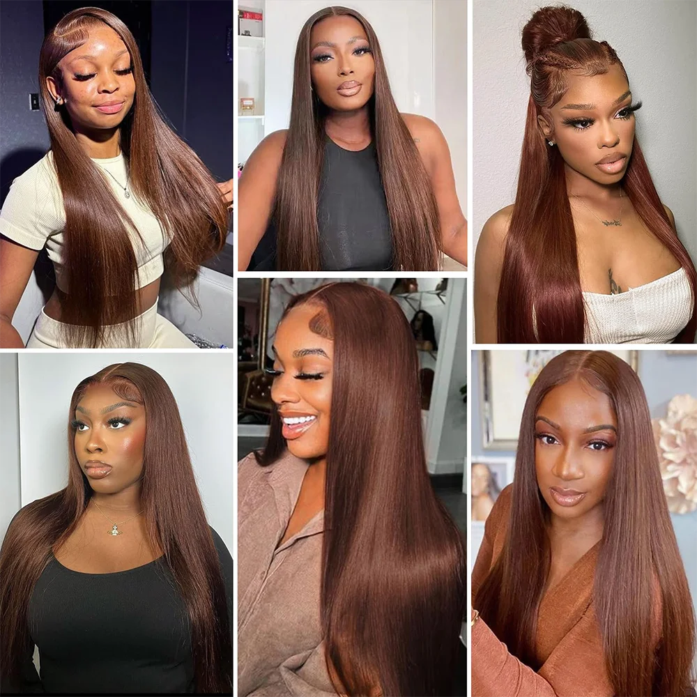 13x4 HD Chocolate Brown Bone Straight Lace Front Wig 34Inch Lace Frontal Wig Human Hair PrePlucked #4 Color Human Hair Wigs