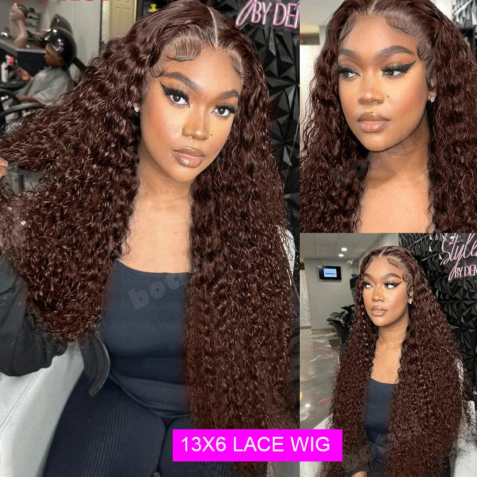 Chocolate Brown Human Hair Wig Colored Curly Human Hair Wig 30 32 Inch 13x4 Deep Wave Lace Front Wig 13x6 HD Lace Frontal Wig