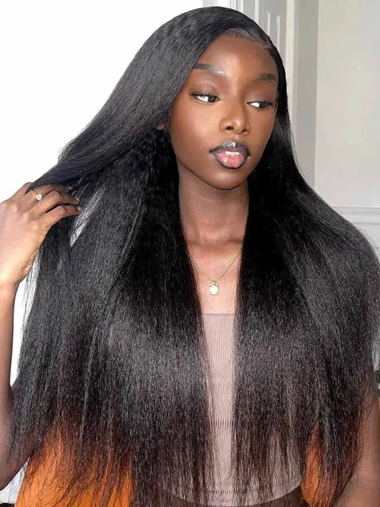 13x4 Kinky Straight Lace Front Human Hair Wig With Kinky Edges Baby Hair Glueless Yaki Straight HD Lace Frontal Wig 250% Denisty