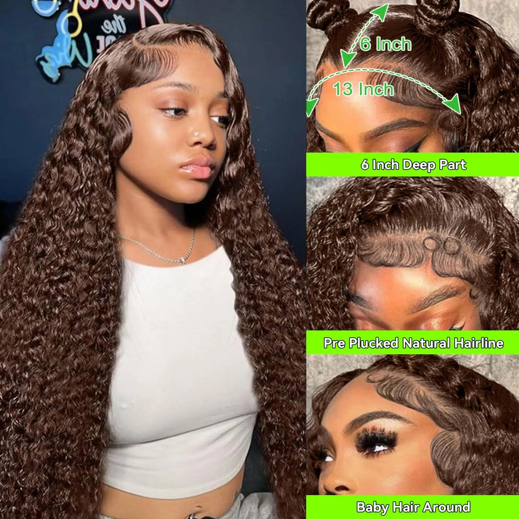 Chocolate Brown HD Lace Front Wigs Human Hair 200% Density Curly Lace Front Wigs Human Hair Deep Wave Wigs Human Hair For Women