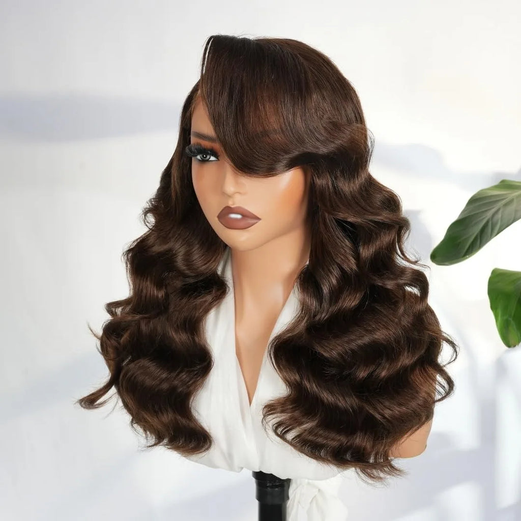 200 Density Chocolate Brown Human Hair Wig Body 13x4 Closure Transparent Lace Wig Layered Side Part Human Hair  Pre Plucked Pre