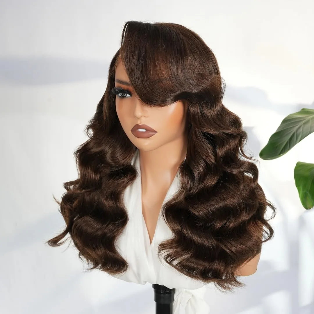 200 Density Chocolate Brown Human Hair Wig Body 13x4 Closure Transparent Lace Wig Layered Side Part Human Hair  Pre Plucked Pre