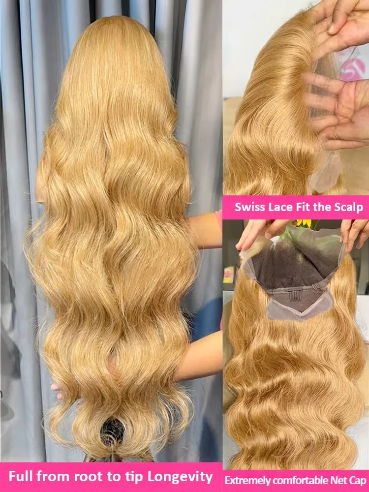 27# Body Wave 32 Inch Honey Blonde Color 13x6 HD Lace Front Wigs Human Hair 220% Density Raw Virgin Highlight Lace Frontal Wig
