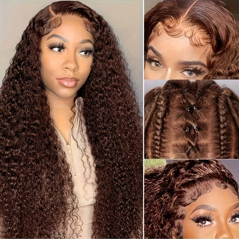 Chocolate Brown Curly Wave 13x6 Hd Lace Human Hair Wig 30 38 Inch Water Wave Human Hair Wig 13x4 Frontal Wig Hd Lace #4 Colour