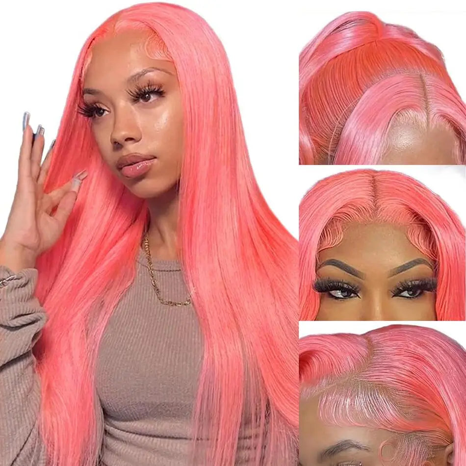 Pink 13x6 Hd Straight Lace Front Wig Human Hair 30 Inch Pink Lace Front Wig Human Hair For Black Women Pre Plucked 200% Density