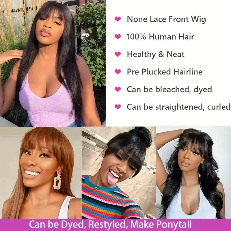 Straight Human Hair Wis 34 Inche Wigs With Bangs 3x1 Full Machine Made Human Hair Wigs For Women Natural Color 220% Density