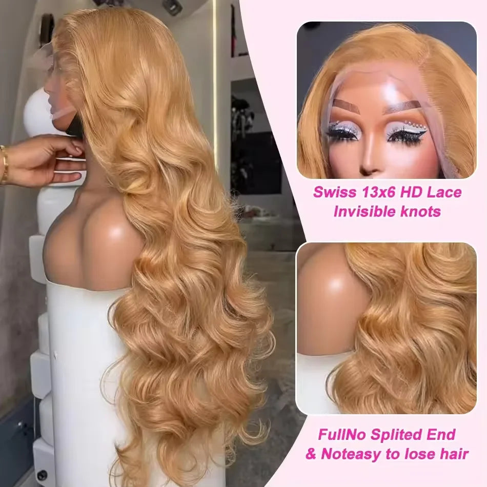 27# Body Wave 32 Inch Honey Blonde Color 13x6 HD Lace Front Wigs Human Hair 220% Density Raw Virgin Highlight Lace Frontal Wig