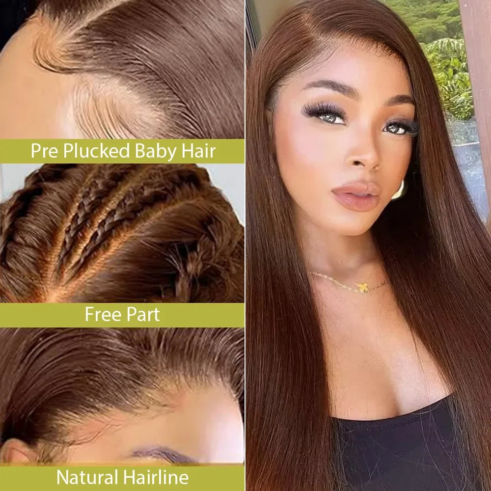 30 36 Inches Chocolate Brown Lace Front Human Hair Wig Pre Plucked Dark Brown Bone Straight 13x4 13x6 HD Lace Frontal Wigs