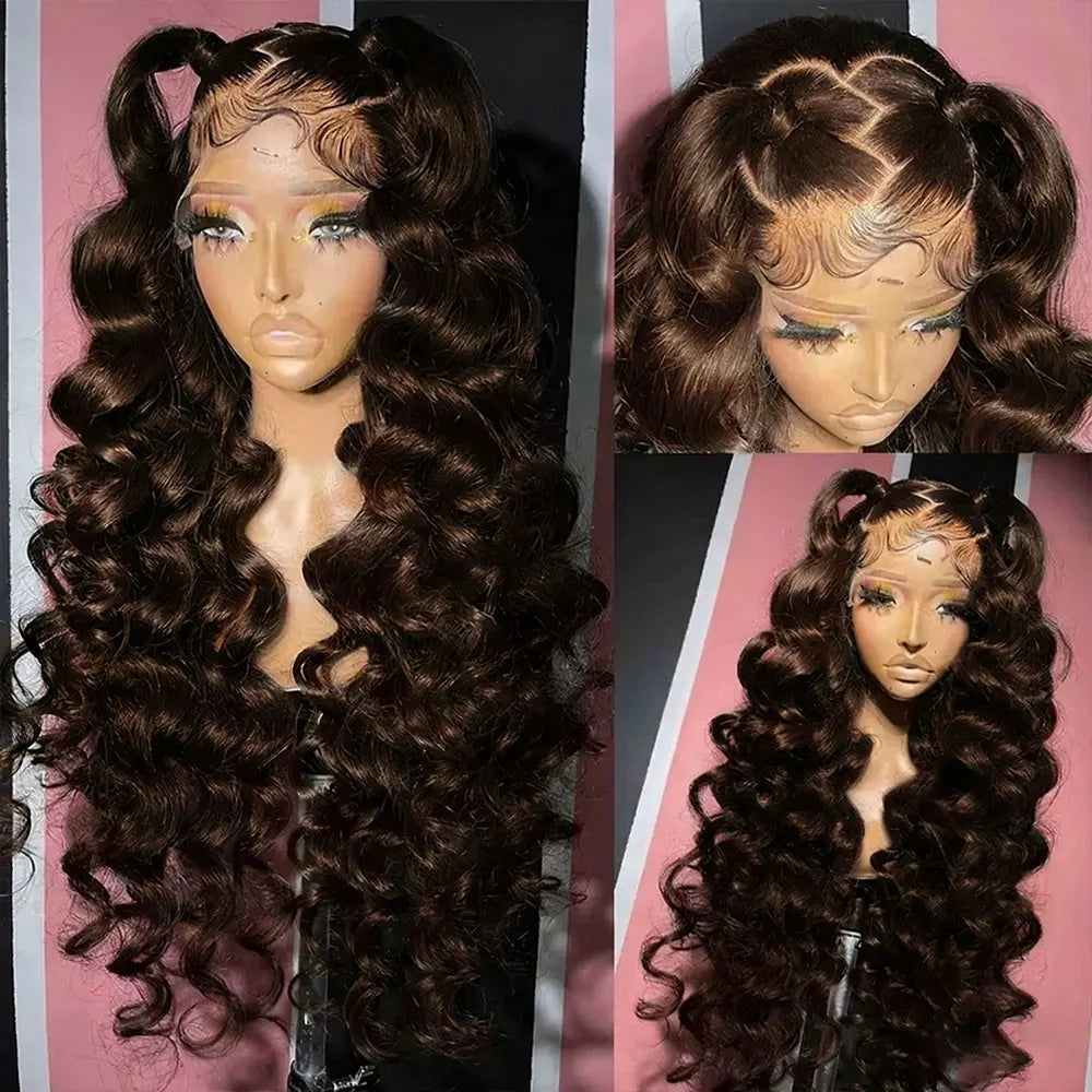 Deep Wave Chocolate Brown 13x4 Transparent Lace Frontal Wigs Human Hair 34 Inch  250% Density Loose Deep Curly Brown Colored Wig
