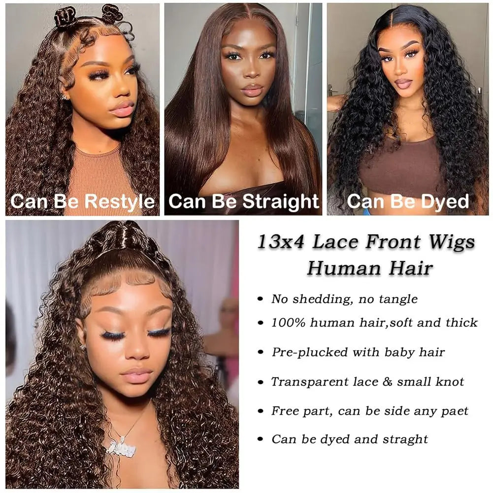 Chocolate Brown HD Lace Front Wigs Human Hair 200% Density Curly Lace Front Wigs Human Hair Deep Wave Wigs Human Hair For Women