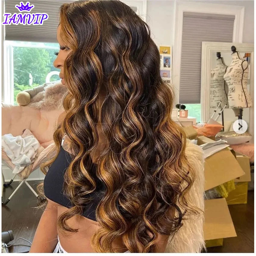 13x4 13x6 Hd Highlight Body Wave Lace Front Wig For Women Remy P4/27 Ombre Human Hair Lace Frontal Human Hair Wigs Choice Glue