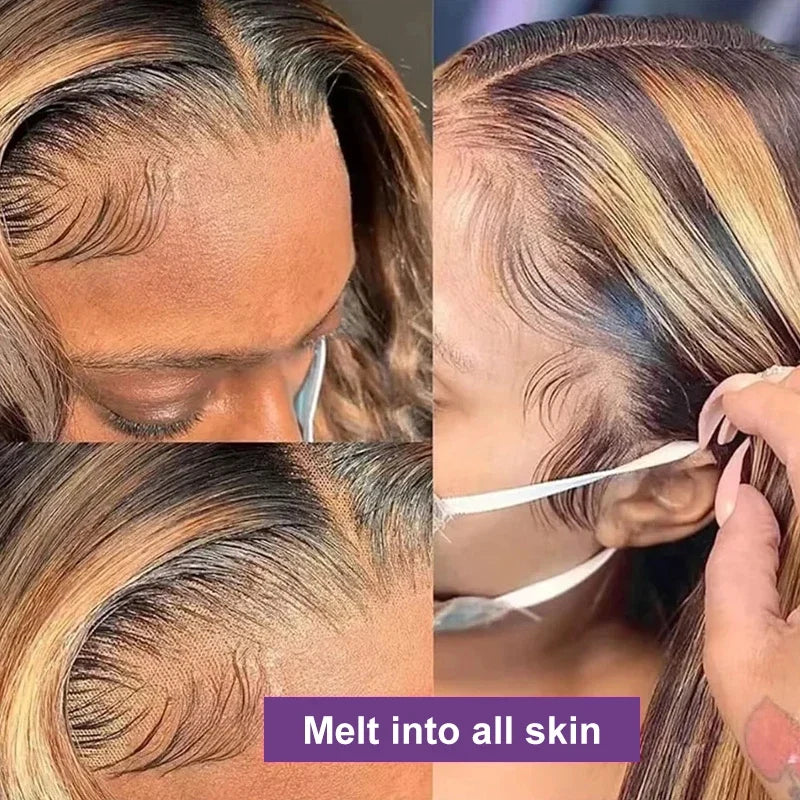 4/27 Highlight 13*4 Body Wave Glueless Closure100% Human Hair Frontal Wigs Ombre Brown Mix Blonde Water Wave Short Bob Wig