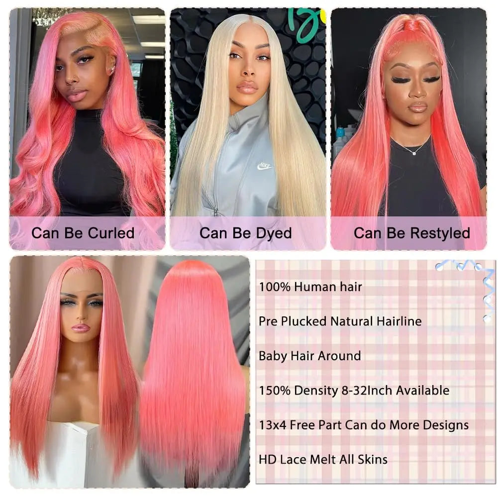 Pink 13x6 Hd Straight Lace Front Wig Human Hair 30 Inch Pink Lace Front Wig Human Hair For Black Women Pre Plucked 200% Density