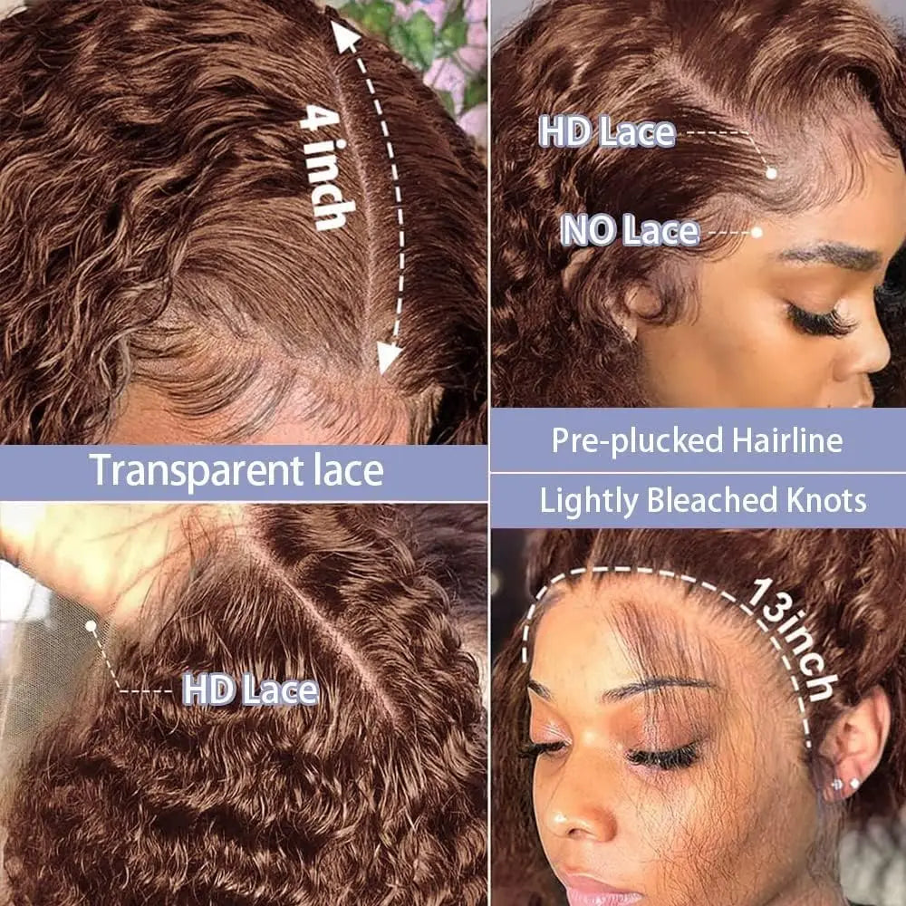 Chocolate Brown HD Lace Front Wigs Human Hair 200% Density Curly Lace Front Wigs Human Hair Deep Wave Wigs Human Hair For Women