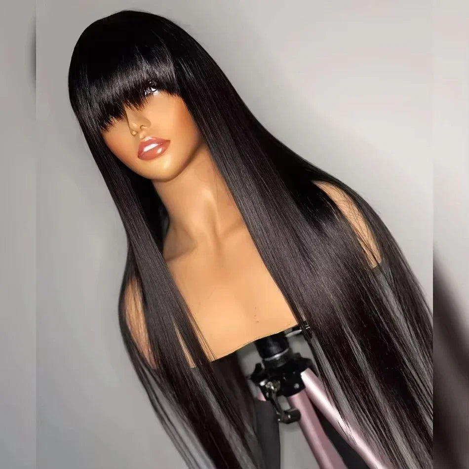 Straight Human Hair Wis 34 Inche Wigs With Bangs 3x1 Full Machine Made Human Hair Wigs For Women Natural Color 220% Density
