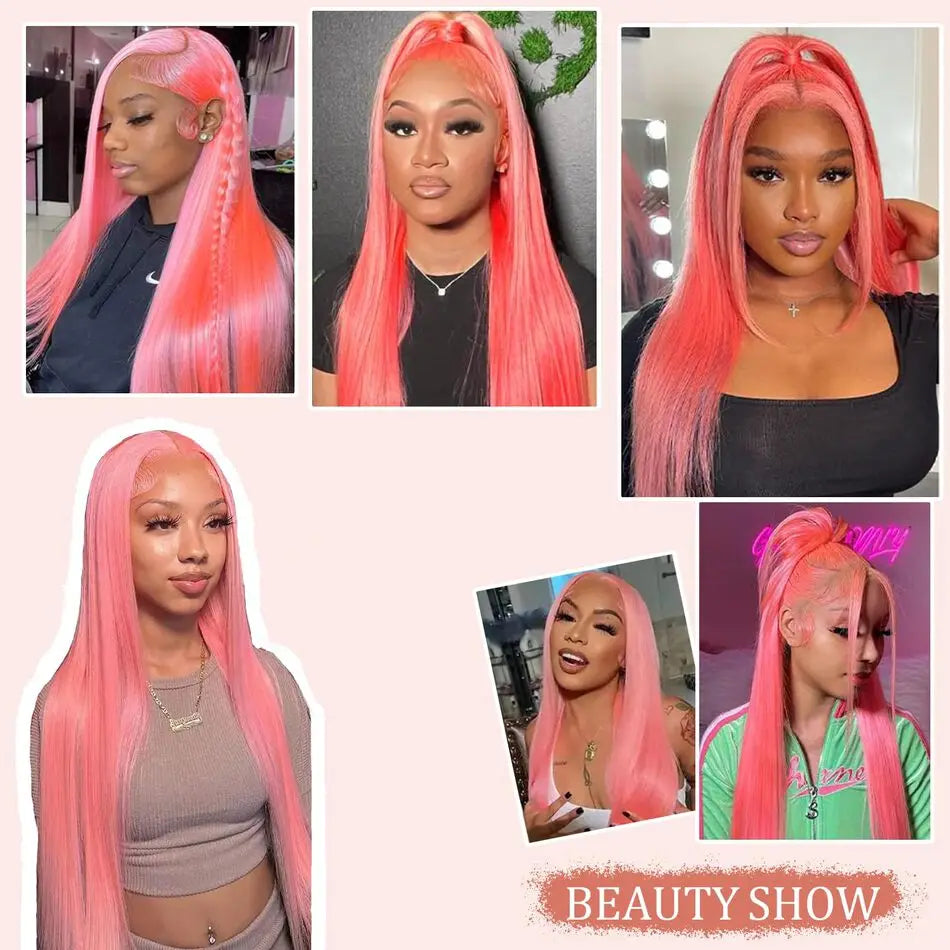 Pink 13x6 Hd Straight Lace Front Wig Human Hair 30 Inch Pink Lace Front Wig Human Hair For Black Women Pre Plucked 200% Density