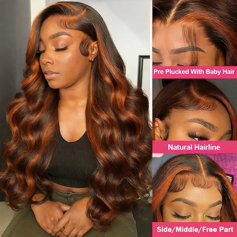 200% Density Ginger Brown Highlight Wig Human Hair Body Wave Lace Front Wigs Pre Plucked Ombre P1B/4 Ginger Orange Colored Wigs