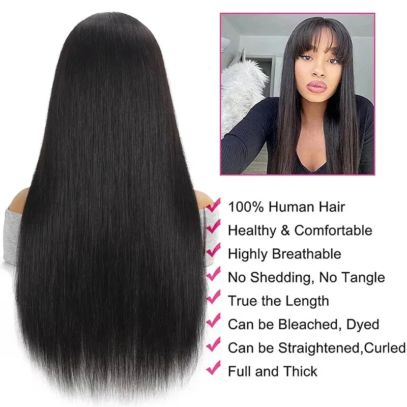 Straight Human Hair Wis 34 Inche Wigs With Bangs 3x1 Full Machine Made Human Hair Wigs For Women Natural Color 220% Density
