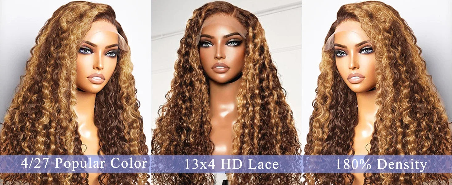 250% Highlight Deep Wave 13x6 Hd Lace Frontal Wig Human Hair Pre Plucked 30 40 Inch Brown Ombre Curly Water Wave human hair wigs