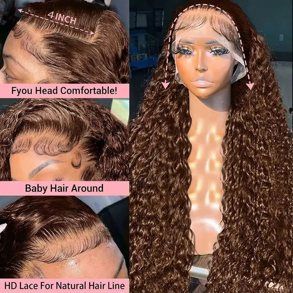 Chocolate Brown HD Lace Front Wigs Human Hair 200% Density Curly Lace Front Wigs Human Hair Deep Wave Wigs Human Hair For Women