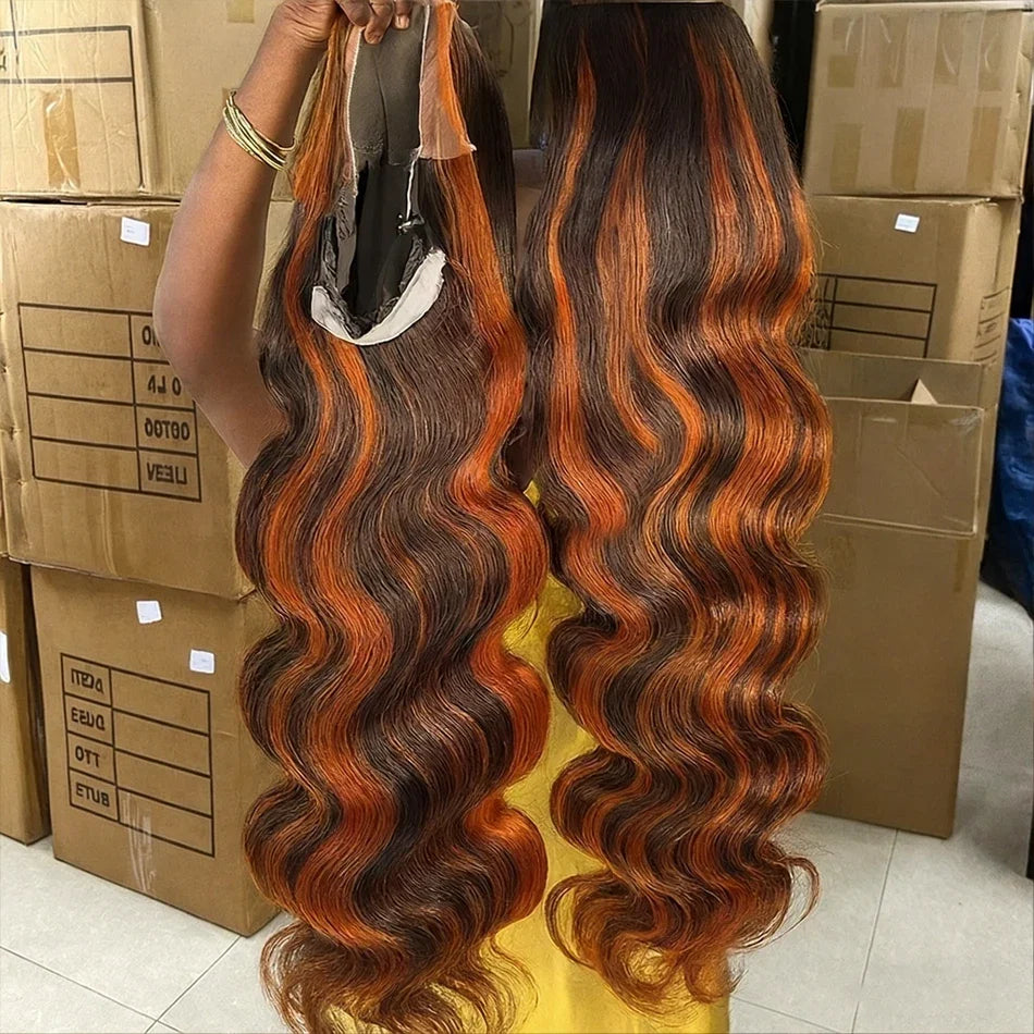 200% Density Ginger Brown Highlight Wig Human Hair Body Wave Lace Front Wigs Pre Plucked Ombre P1B/4 Ginger Orange Colored Wigs