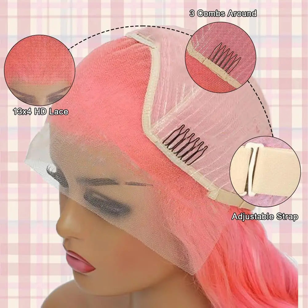 Pink 13x6 Hd Straight Lace Front Wig Human Hair 30 Inch Pink Lace Front Wig Human Hair For Black Women Pre Plucked 200% Density