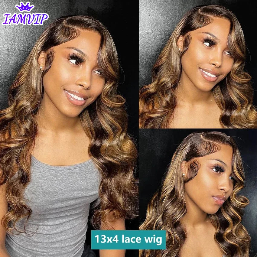 13x4 13x6 Hd Highlight Body Wave Lace Front Wig For Women Remy P4/27 Ombre Human Hair Lace Frontal Human Hair Wigs Choice Glue